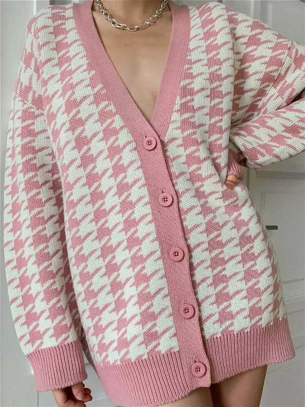 Oversized Barbiecore Graceful Houndstooth Cardigan