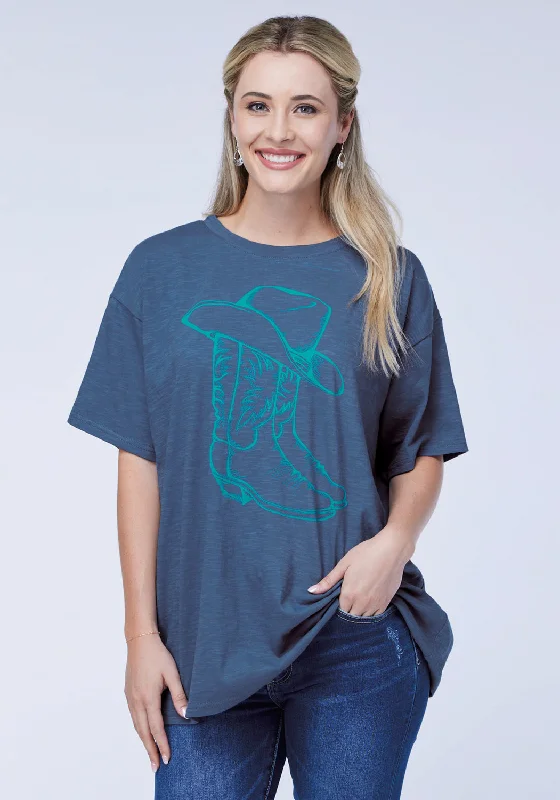 Roper Womens Boots and Hat Blue 100% Cotton S/S T-Shirt