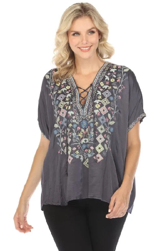 Johnny Was Biya Hendaya Embroidered Satin Blouse B14019 Boho Chic