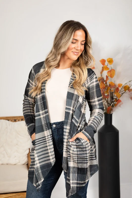 Charcoal Plaid Open Cardigan