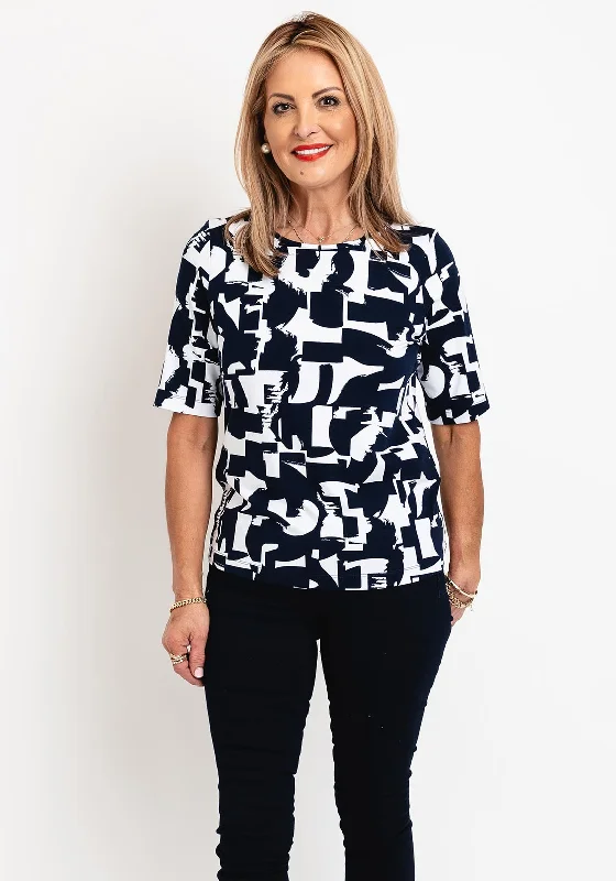 Rabe Round Neck Print Top, Navy