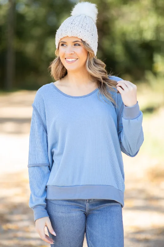 Dusty Blue Reverse Seam Detail Top