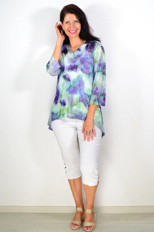 Green Purple Mesh Ladies Tunic Top