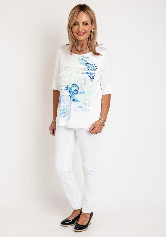 Just White Satin Floral Print Top, Off White