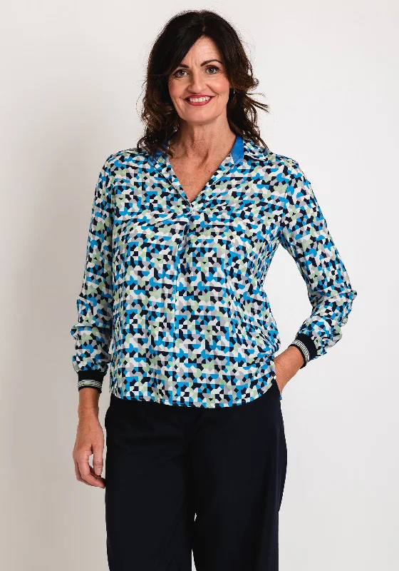 Bianca V-Neck Geo Print Top, Blue