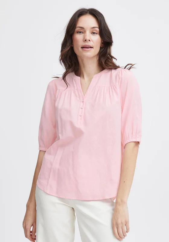 Fransa Maddie V-Neck Linen Blend Top, Pink Frosting