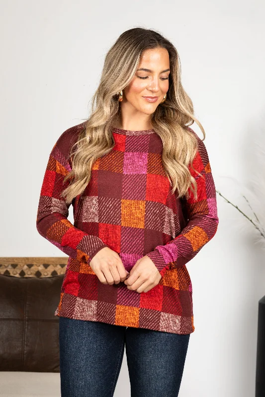 Burgundy Checker Plaid Soft Hacci Knit Top