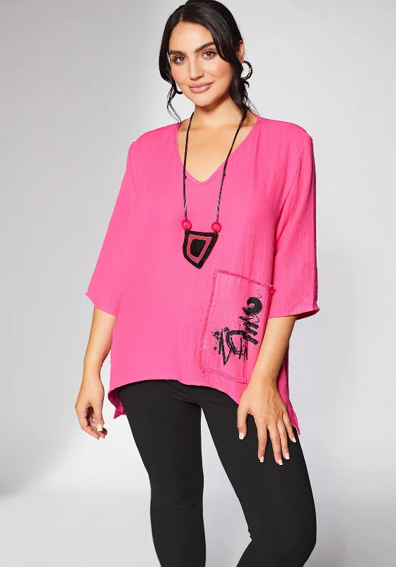 Ora V-Neck Print Pocket Top, Hot Pink