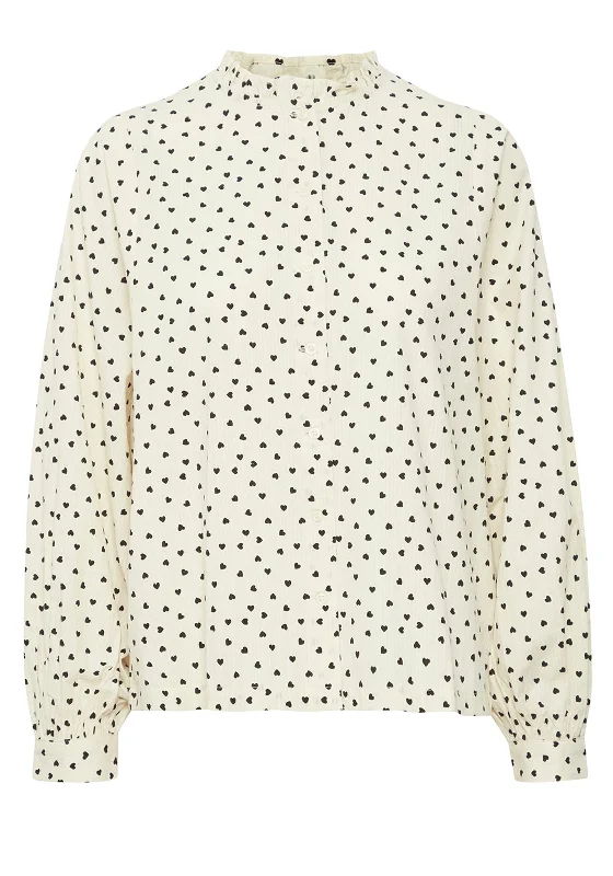 Ichi HQWN Heart Print Frill Neck Blouse, Birch