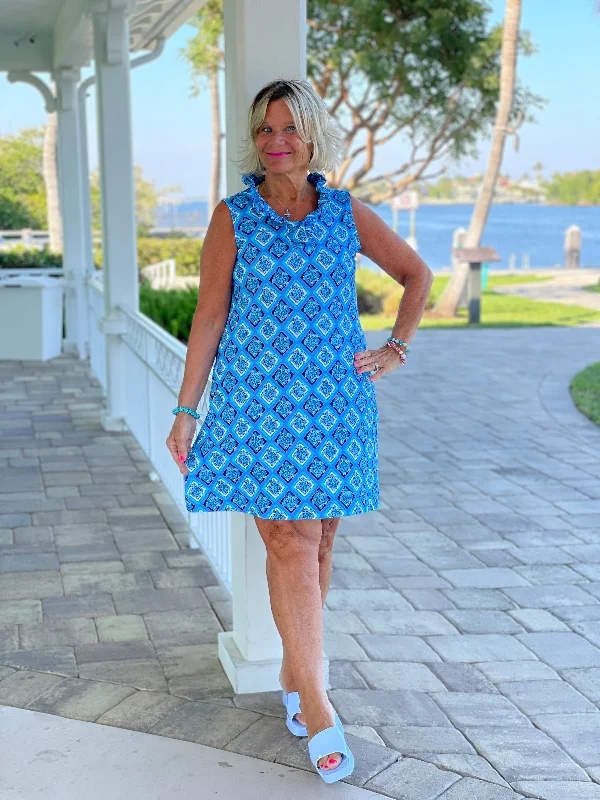 BAHAMA BLUE TURTLE RUFFLE DRESS