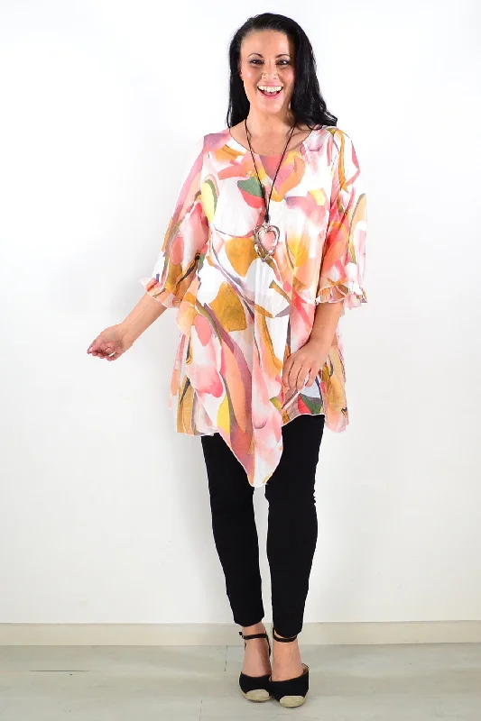 Handkerchief Hem Pink Crinkle Tunic Top