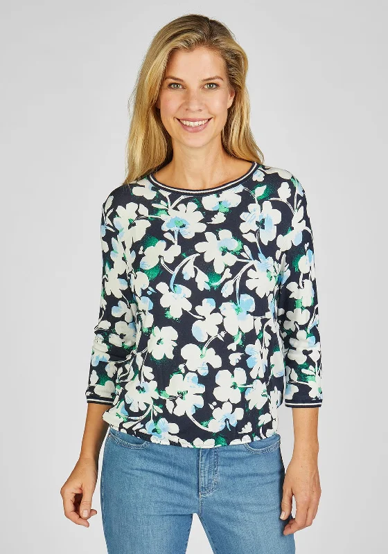 Rabe Round Neck Floral Print Top, Navy