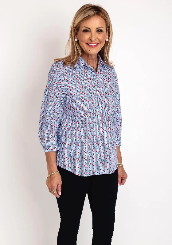 Erfo Floral Striped Cotton Blouse, Blue