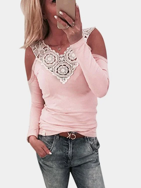 Custom V-Neck Cold Shoulder Lace Hollow Long Sleeve Pink T-Shirts