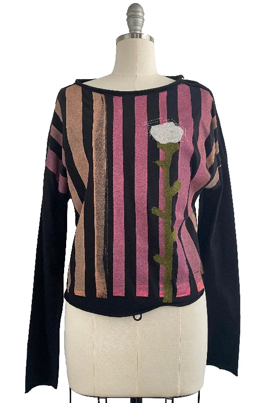 Jen Long Sleeve Top w/ Stripe & Felted Flower - Black, Pink & Orange - Small