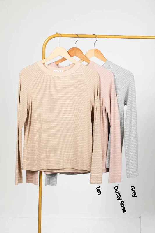 Stripe Rib Jersey Raglan Knit Long Sleeve Top