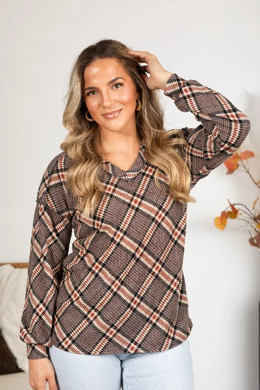 Mocha And Rust Plaid Long Sleeve Knit Top