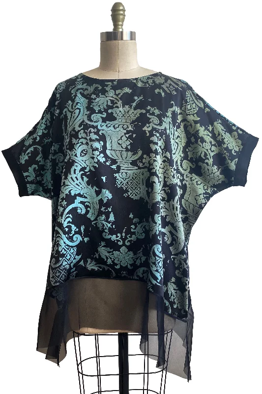 Deb Tunic w/ Wallpaper Print and Organza Trim - Black & Aqua