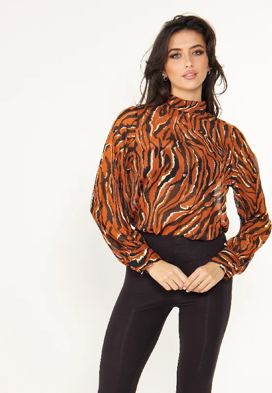 Zebra High Neck Chiffon Blouse in Brown