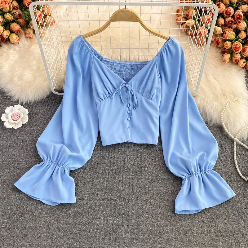 Cute v neck long sleeve tops crop tops  262