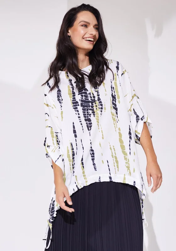 Naya Printed Panel Dip Hem Shirt, White & Olive