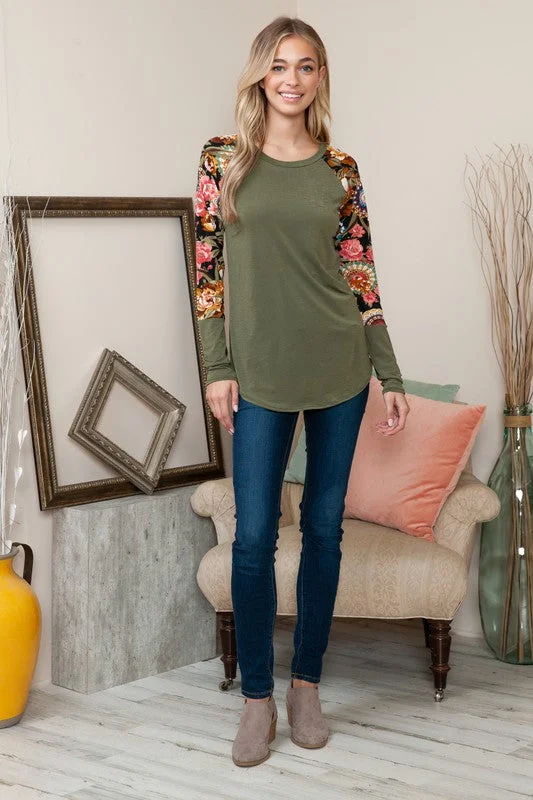 Plus Solid Floral Contrast Long Sleeve Top