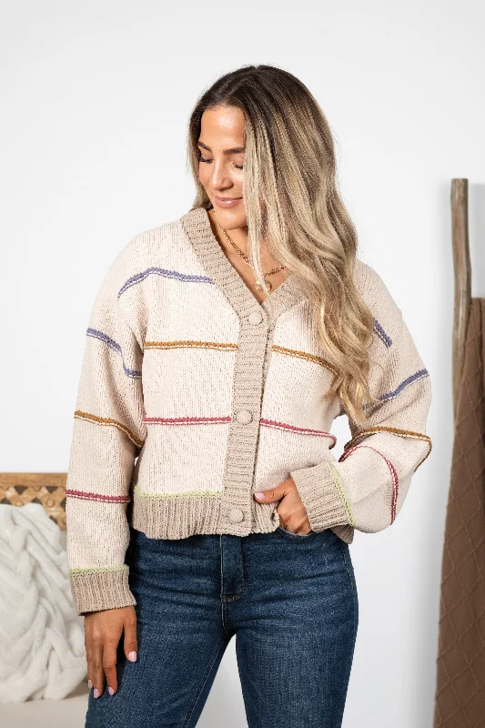 Beige Stripe Button Cardigan