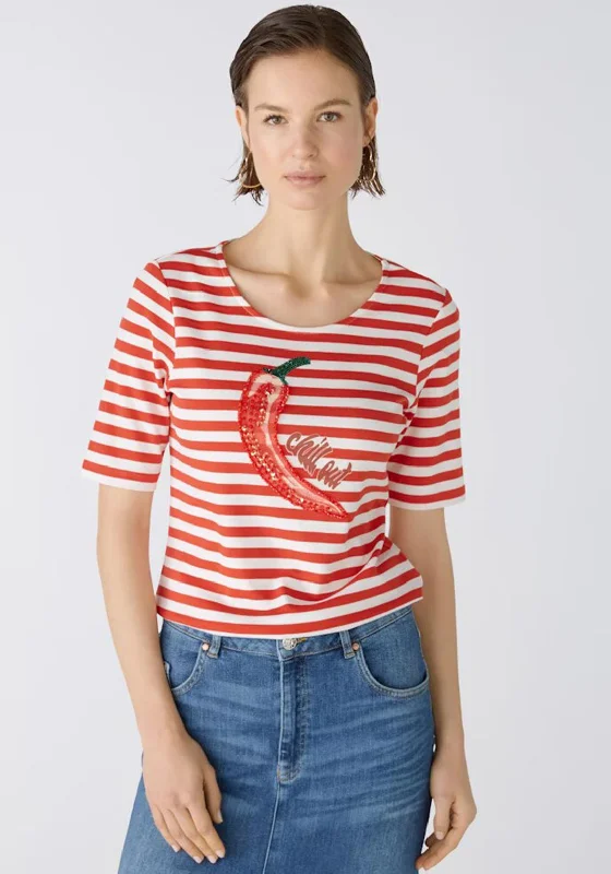 Oui Sequin Chilli Striped T-Shirt, Red