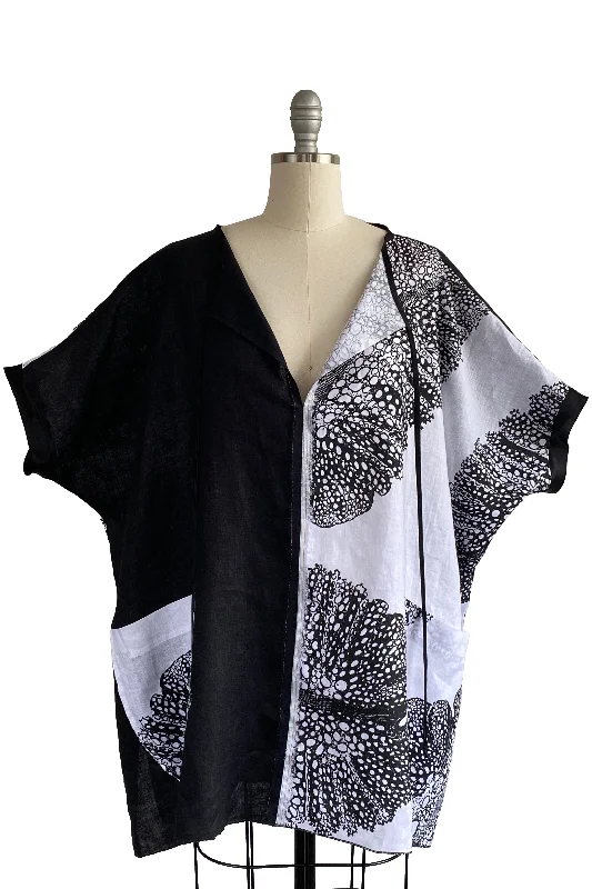 Jo Top Linen w/ Big Leaf Print - Black & White