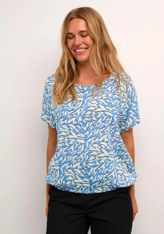 KAFFE Kajetta Graphic Animal Print Top, Blue & White