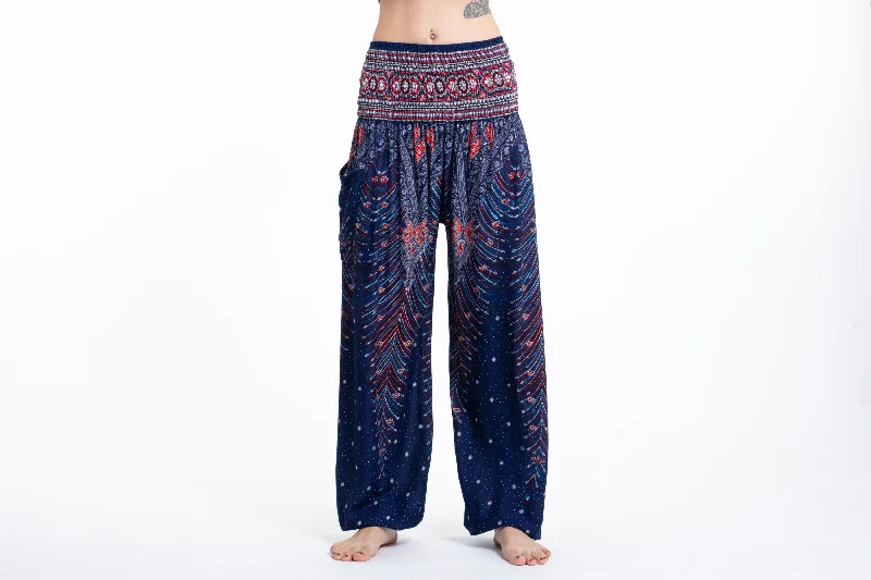 Unisex Peacock Feathers Harem Pants in Blue