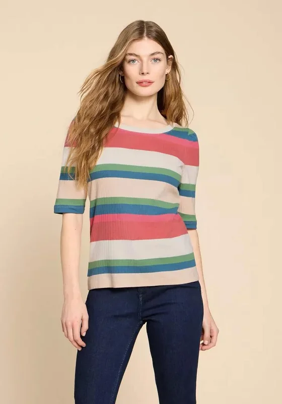 White Stuff Striped Puff Sleeve T-Shirt, Pink Multi