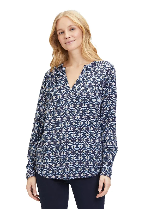 Betty Barclay V-Split Neckline Ogee Print Top, Dark Blue