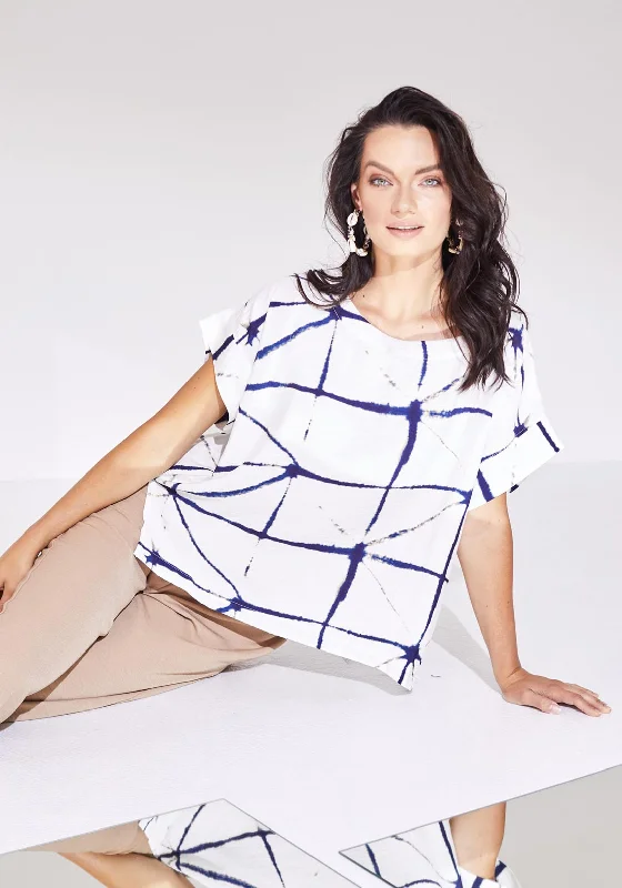 Naya Round Neck Abstract Print Top, White & Navy