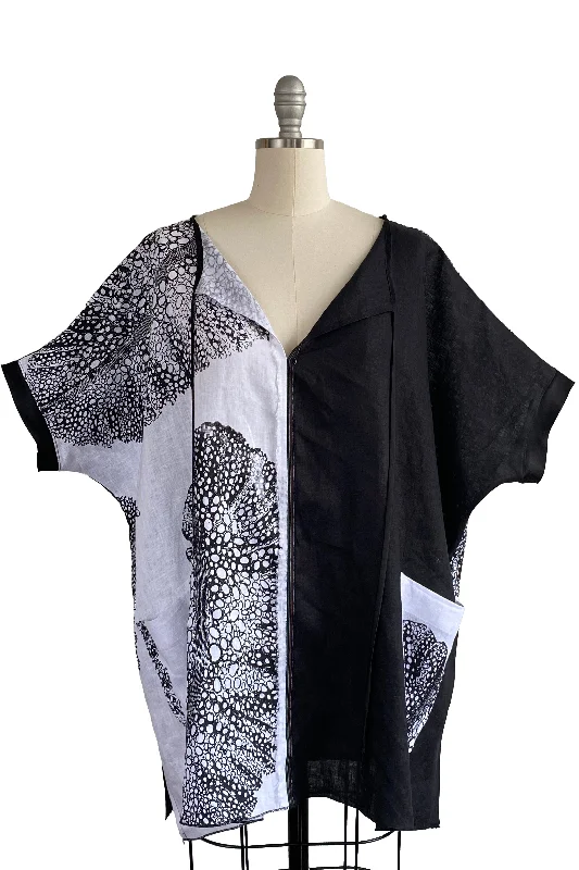 Jo Top Linen w/ Big Leaf Print - White & Black