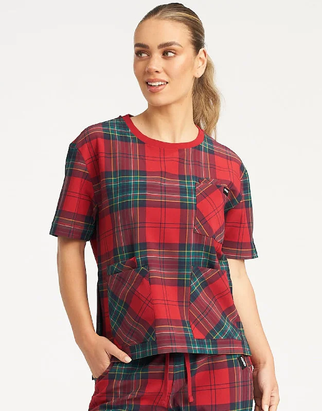 Essential Crewneck Scrub Top - Christmas Red Tartan