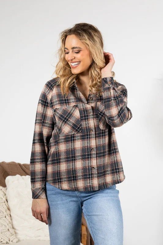 Charcoal Plaid Button Down Woven Top