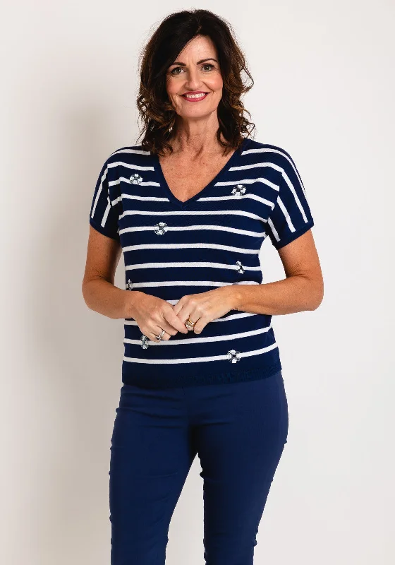 Leo & Ugo Sequin Detail Striped Top, Navy & White