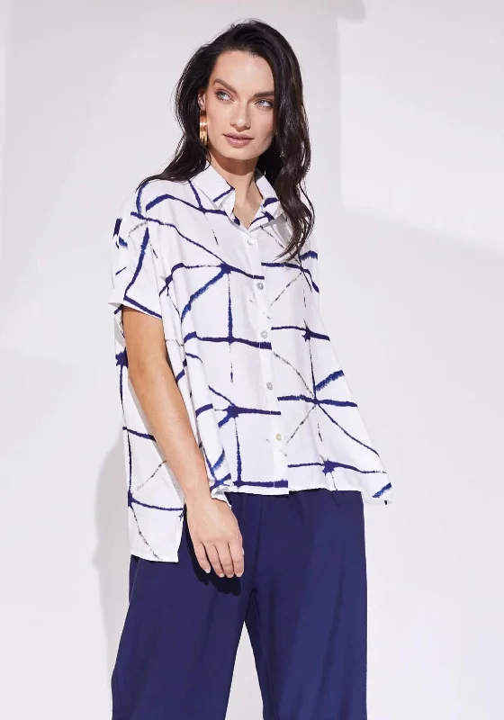 Naya Batwing Geo Blouse, White & Navy