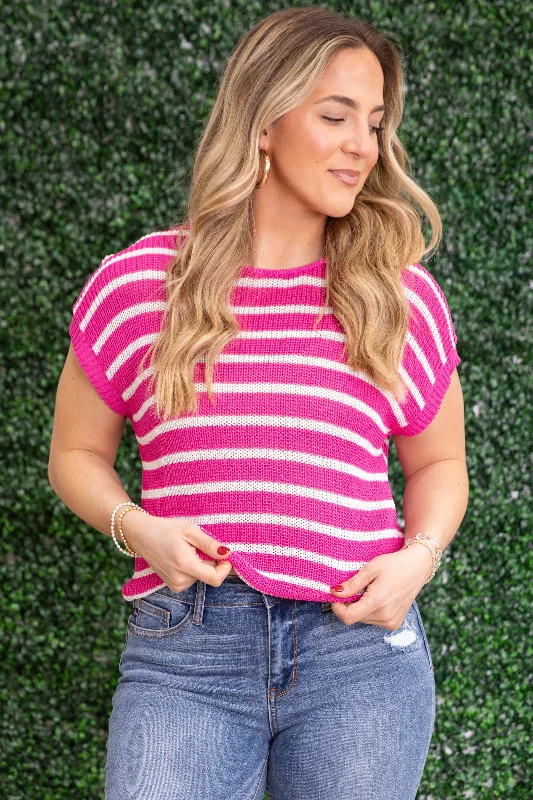 Pink and White Stripe Drop Shoulder Knit Top