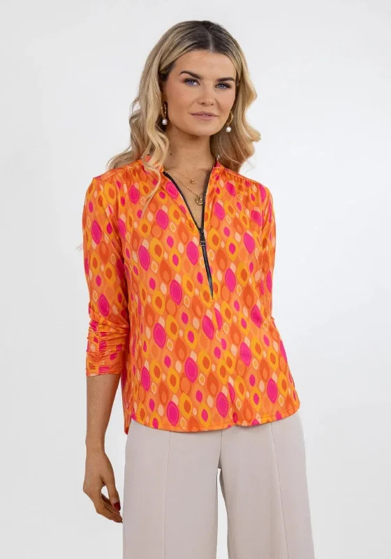 Kate & Pippa Printed Zip Top, Orange Pink