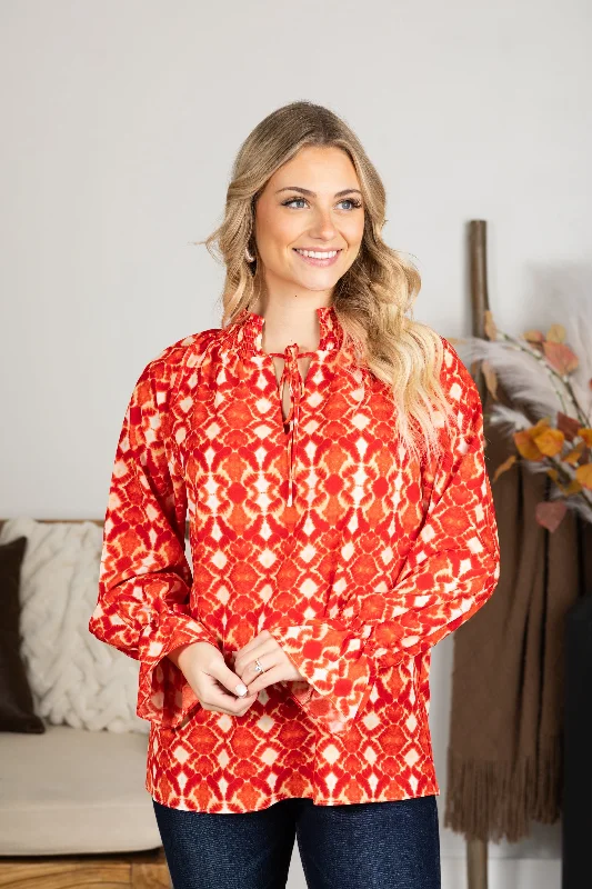 Red and Peach Boho Print Notch Neck Top