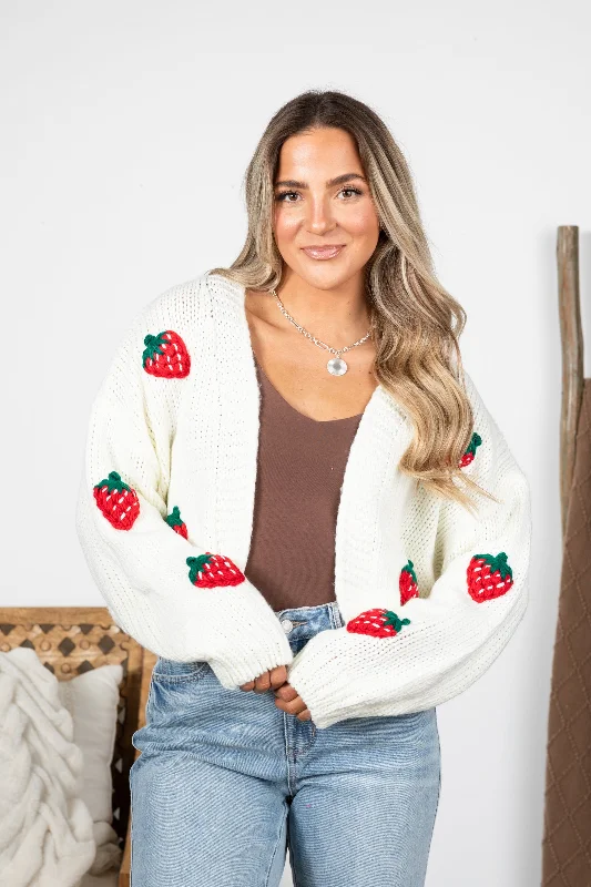 Ivory Knit Strawberry Open Cardigan