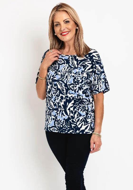 Fransa Fedot Round Neck Print Top, Navy