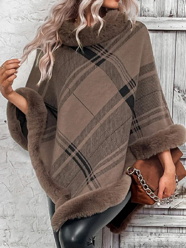 TastyHottie - Plaid Faux Fur Trim Fashion Poncho Sweater