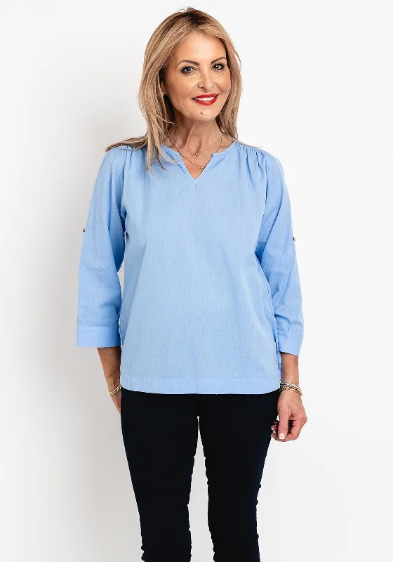 Fransa Maddie Split Neck Linen Blouse, Blue