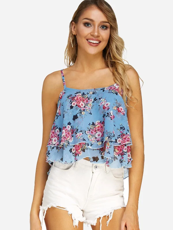 Custom Floral Print Lace-Up Sleeveless Flounced Hem Blue Camis