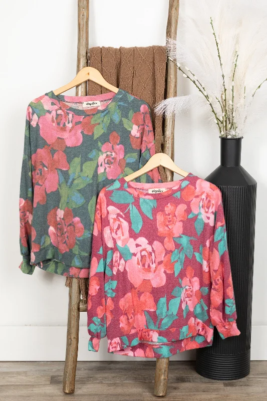 Drop Shoulder Brushed Floral Hacci Knit Top