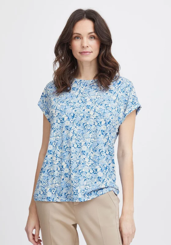 Fransa Seen Round Neck Floral Print T-Shirt, Beaucoup Blue