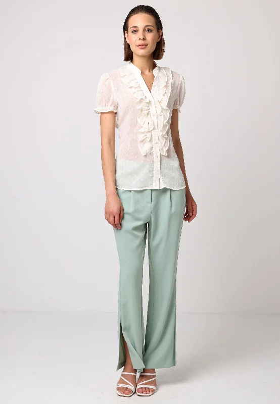 Notch Neck Frill Details Cream Chiffon Shirt